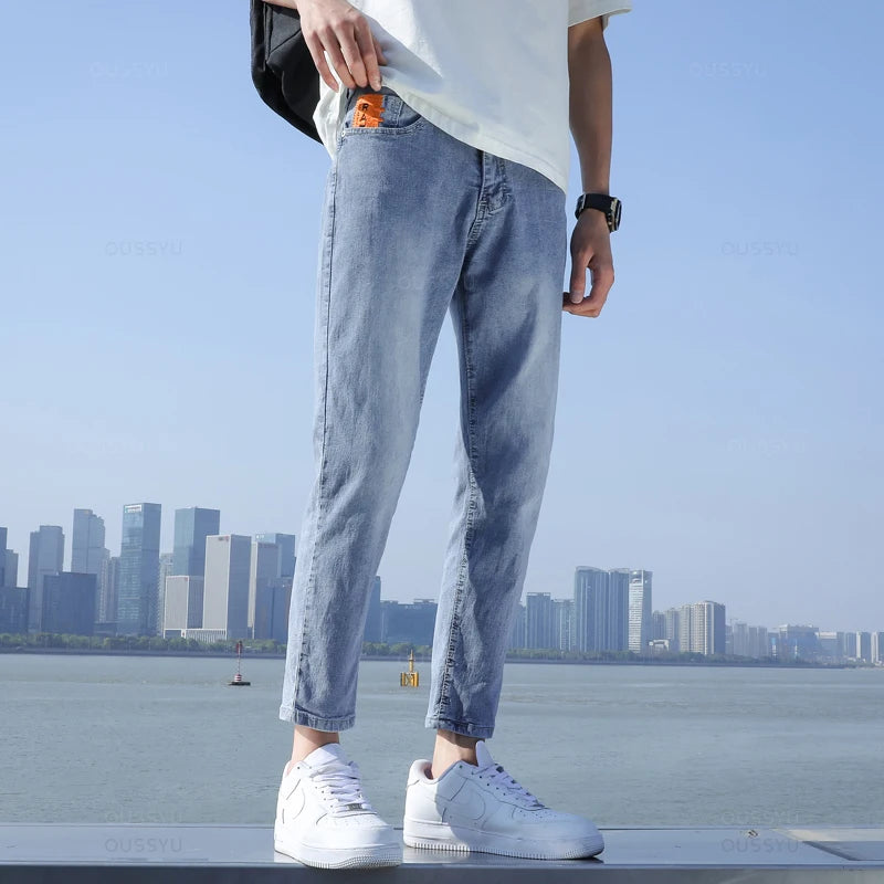 2024 New Men's Stretch Ankle Length Jeans Light blue Fashion Casual Cotton Slim Fit Denim Pants Korean Trousers Male Brand Cloth - reetell