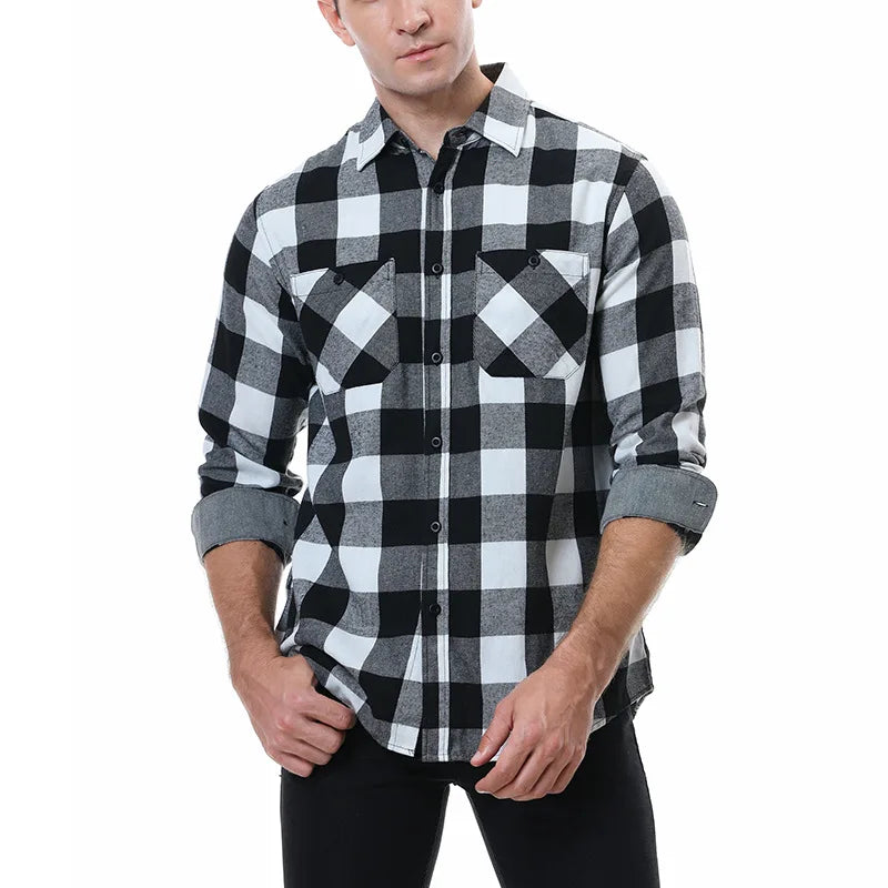 2023New Men Casual Plaid Flannel Shirt Long-Sleeved Chest Two Pocket Design Fashion Printed-Button