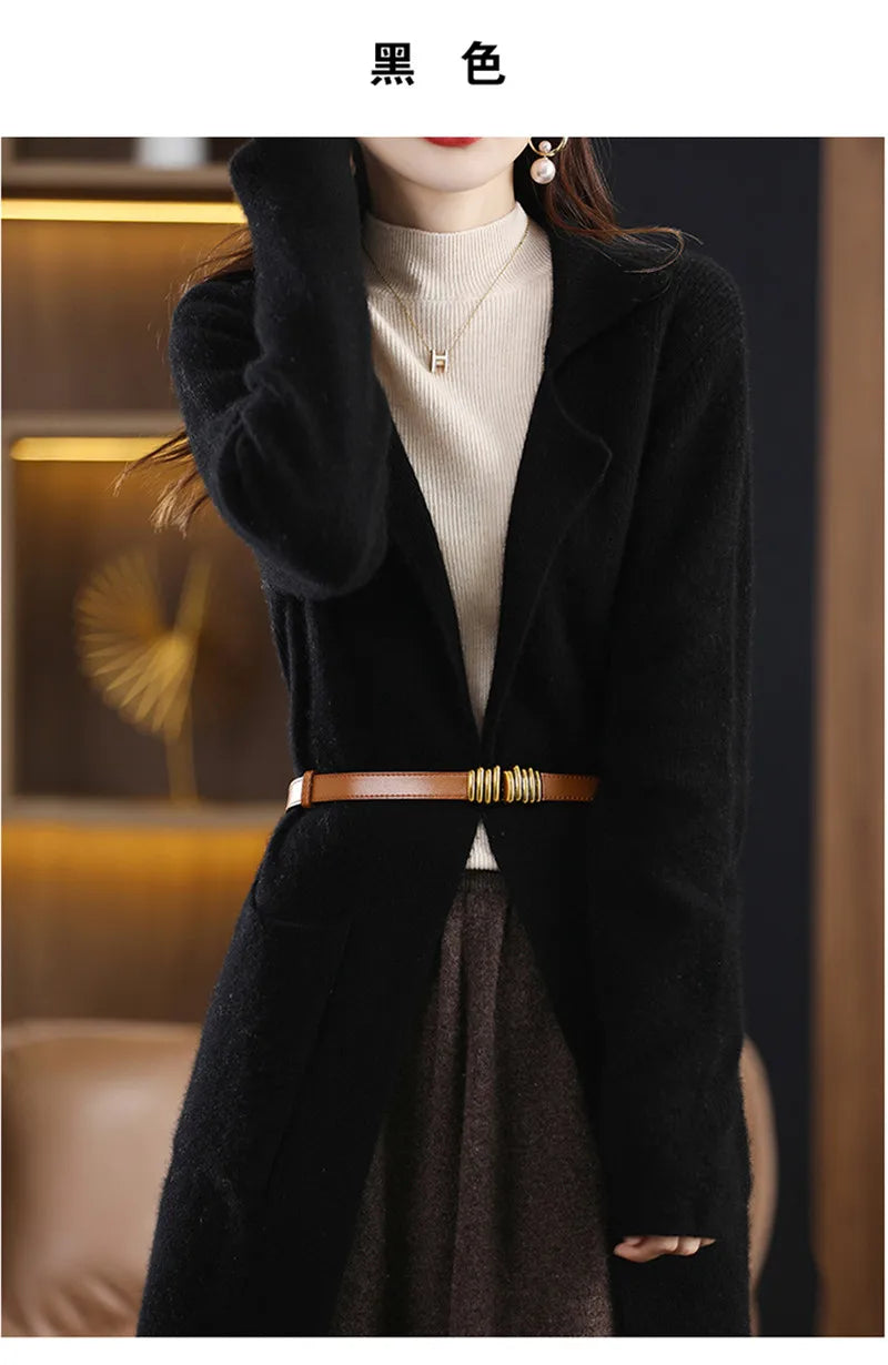 Limiguyue Wool Cashmere Sweater Long  Jacket Turn Down Collar Knit Cardigan Women Winter Autumn Soft Warm Knitwear Coat E329 - reetell