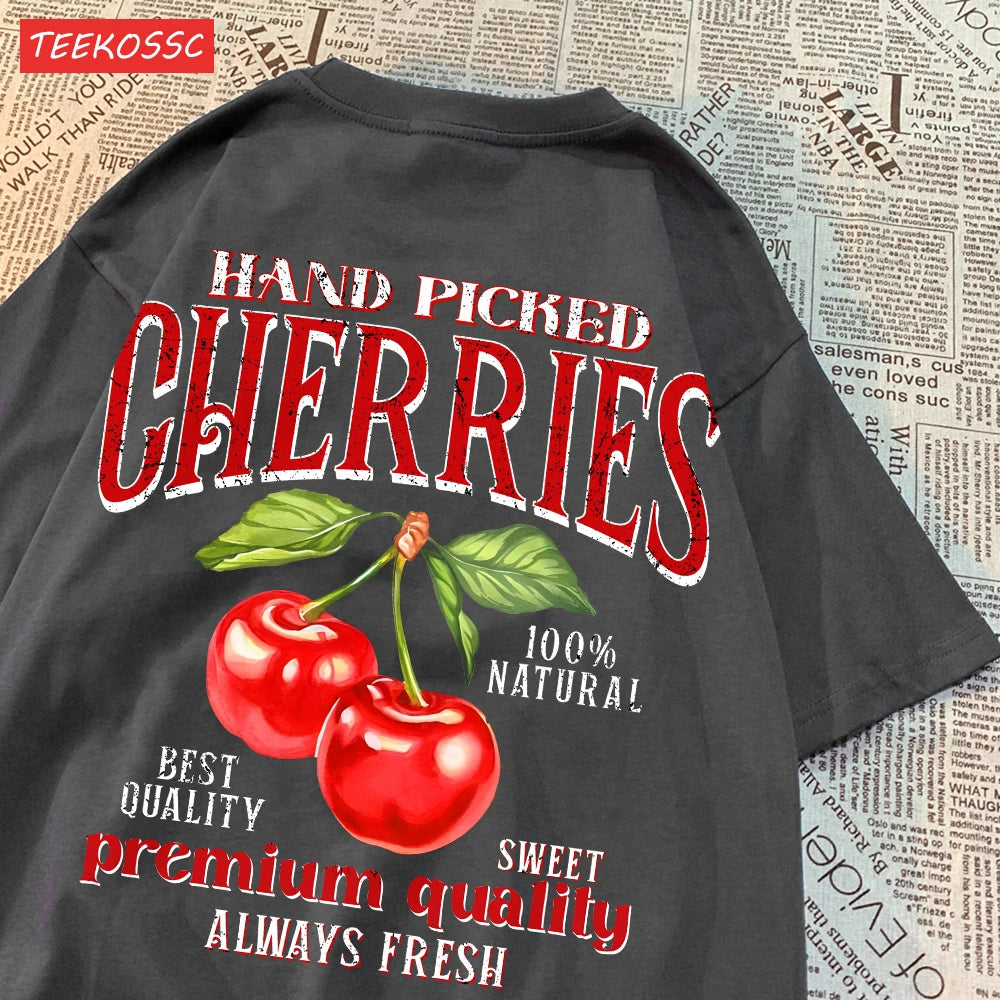 Fashion Cotton Women'S T-Shirts Hand Picked Cherries Printing Tops Oversize Crewneck Soft Short Sleeve Street Female Clothes - reetell