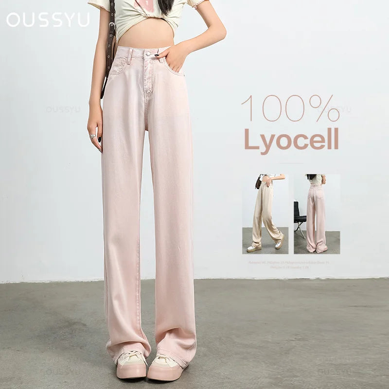 Summer Soft Lyocell Fabric Woman Jeans Loose Wide Leg Straight High Waisted Thin Pant Fashion Comfort Pink Casual Trousers - reetell