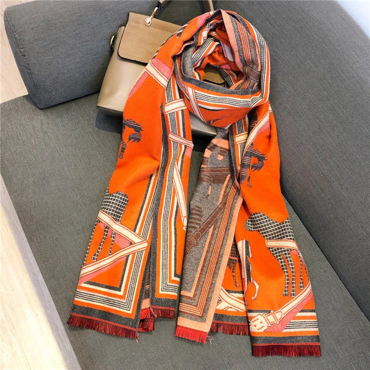 Women's Autumn Winter Horse Pattern Scarf New Luxury Cashmere Feeling Large Blanket Wrap Soft Warm Brand Shawl Retro & Classical - reetell