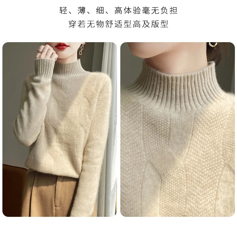 100% Merino Wool Half Turtleneck Pullover Women's Autumn and Winter Thick Twist Flower Sweater Korean Fashion Women's Wear - reetell