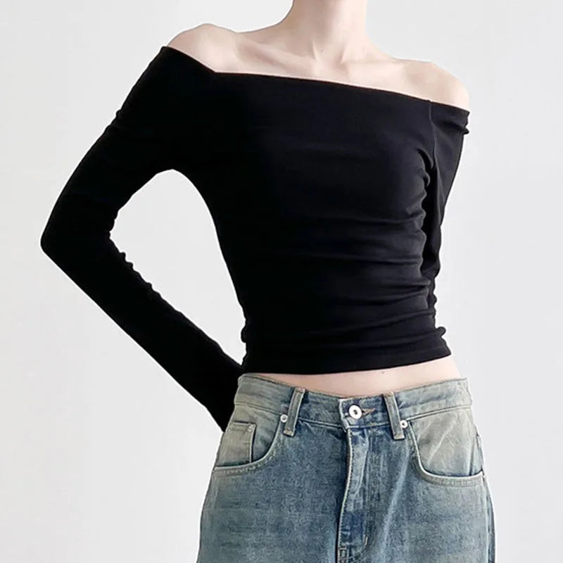 CIBBAR Solid Slash Neck Crop Top Women Off Shoulder Long Sleeve Skinny T-shirt Harajuku y2k Femme Clothing Autumn Casual Shirts - reetell