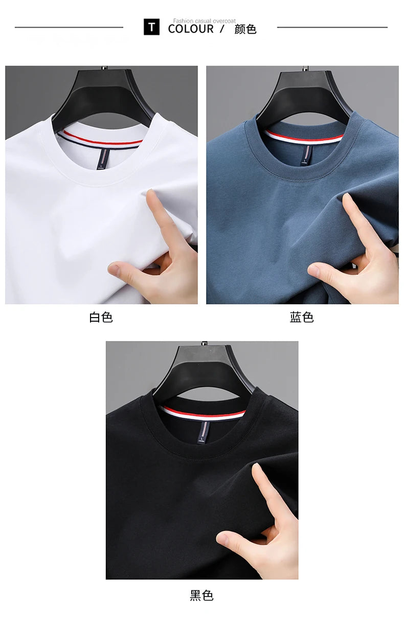 2024 New 100% Cotton T-shirt High end Brand Men Summer Fashion Korean Stripe Print Short Sleeve Hem Split Half Sleeve Men's Wear - reetell