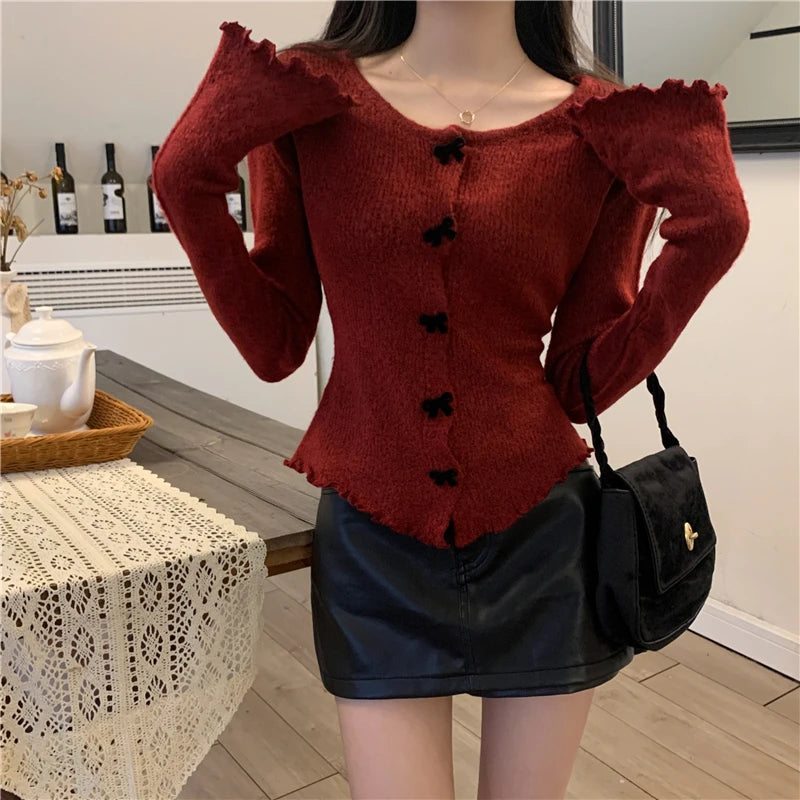 Women's Ruched Long Sleeve Cropped Cardigan V Neck Button Down Knit Lady Autumn Winter Knitted Single-breasted Cardigan Sweaters - reetell