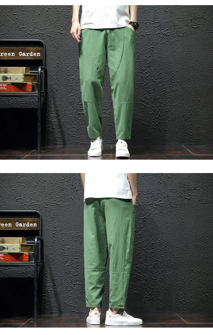 100% Cotton Ankle Length Pants Summer Casual Pants Man Trendy Japanese Loose Pants Men - reetell