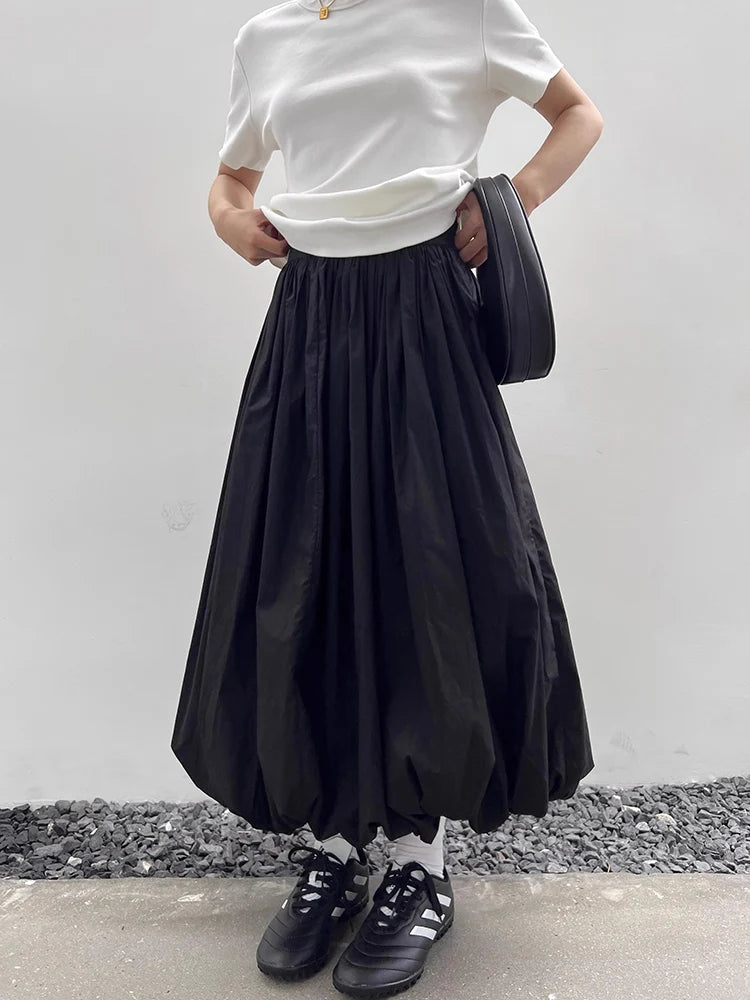 HOUZHOU Long Skirt Women Elegant Solid Elastic Waist A-line Vintage Korean Fashion Loose Balloon Maxi Skirt Casual Streetwear - reetell