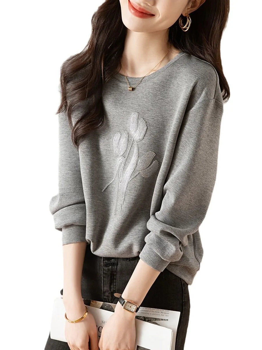 Women's Stereoscopic Flowers Hooded Sweatshirt Casual Round Neck Top Gray Clothes Simple Fashion Autumn - reetell