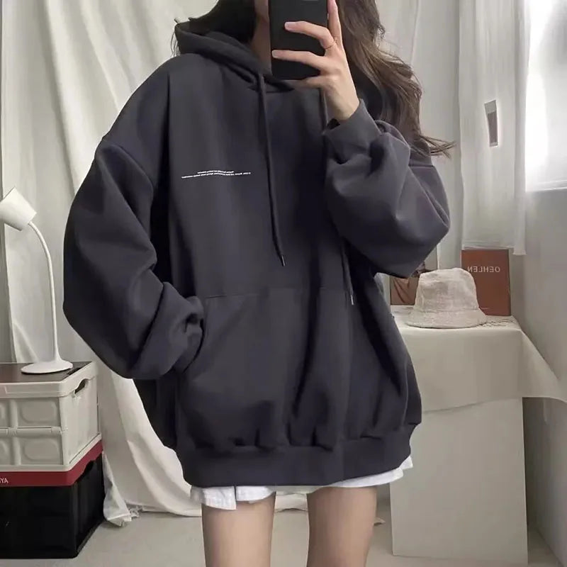 100% Cotton Letter Print Loose Sweatshirt Women Autumn Korean Oversized Lazy Style Casual Hoodie Harajuku All Match Streetwear - reetell