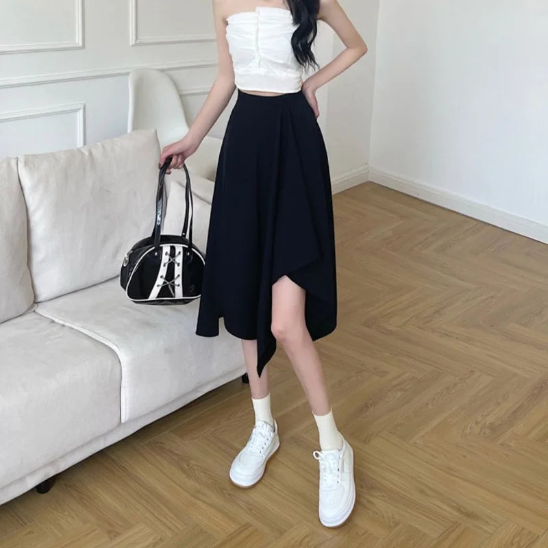 Black Irregular Skirt Women Spring Summer High Waist Thin Mid-length Umbrella Skirts Plus Size Bottoms Vintage Y2k Clothes - reetell