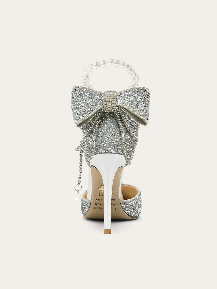 French new pointy shallow mouth temperament elegant sequin bow high heels women's fine heel pearl line with a single shoe