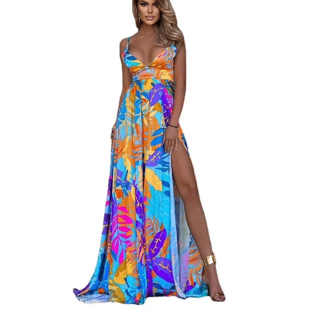 Color Print Spaghetti Strap Long Dresses Women Sexy Deep V-neck Backless Slit Dress Fashion Bohemian Beach Vacation Maxi Vestido - reetell