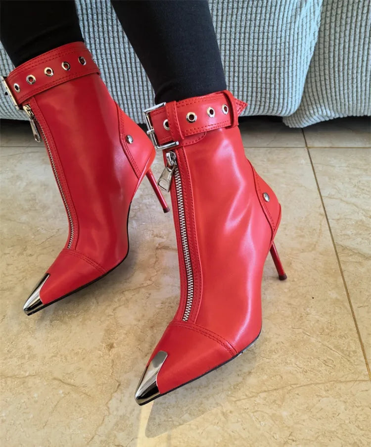 Belt Buckle Front Zipper Fashion Show Short Boots Women's Autumn Winter New Pointed Metal Decoration Red High Heels Ankle Boots