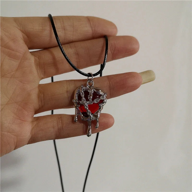 Punk Gothic Red Lava Star Cross Heart Pendant Leather Rope Necklace Women Men Hip Hop Y2K 90s EMO Accessories Aesthetic Jewelry