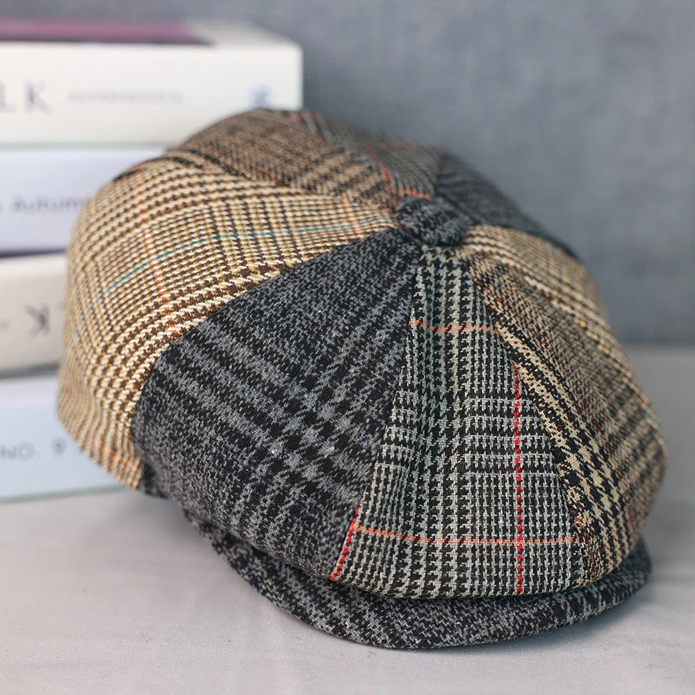 Men Newsboy Hats Wool Autumn Vintage Herringbone Octagon Cap Women Casual Splicing Berets Gatsby Flat Hat 81