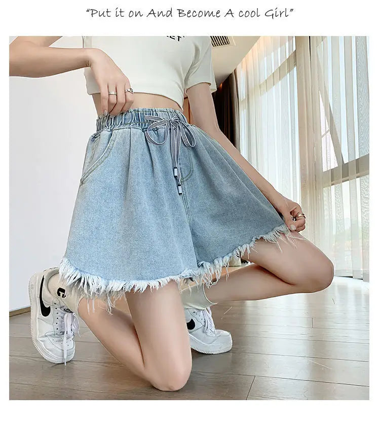 Big Size Denim Shorts Summer Thin Section Wide Leg Wide Loose Tight High Waist Female Students Fattening Women Tassel Wide - reetell