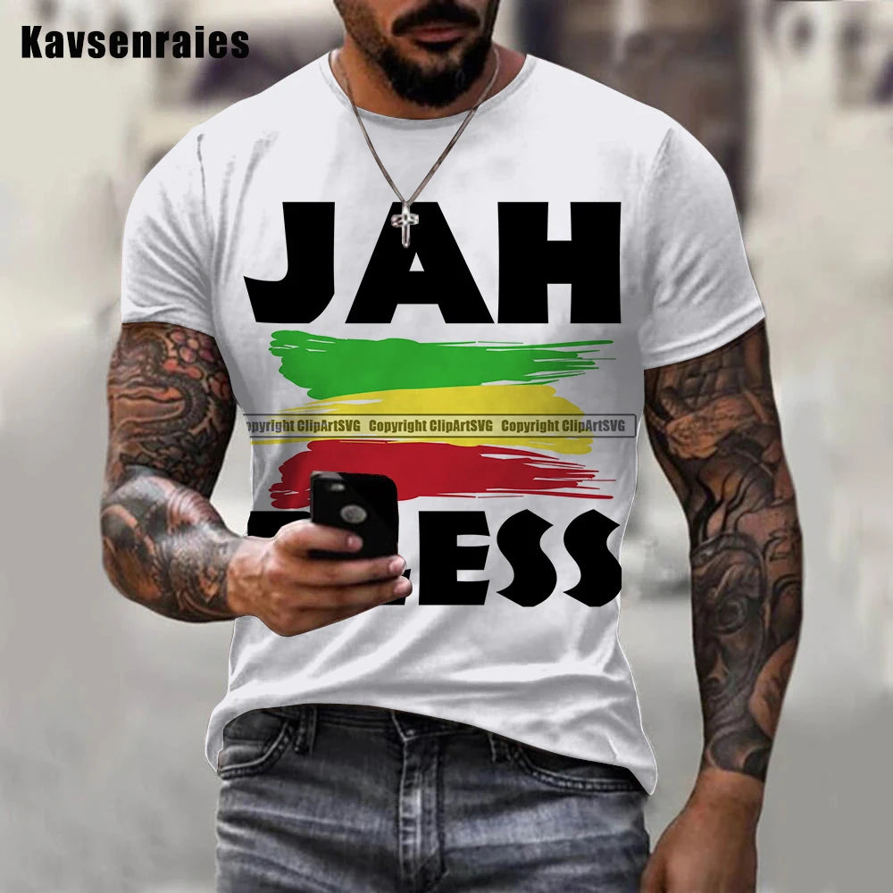 Personality  Jah Bless Printed 3D Men T-Shirt Boys Unisex Casual Fashion Reggae Round Neck Short Sleeve T-shirt 5XL - reetell