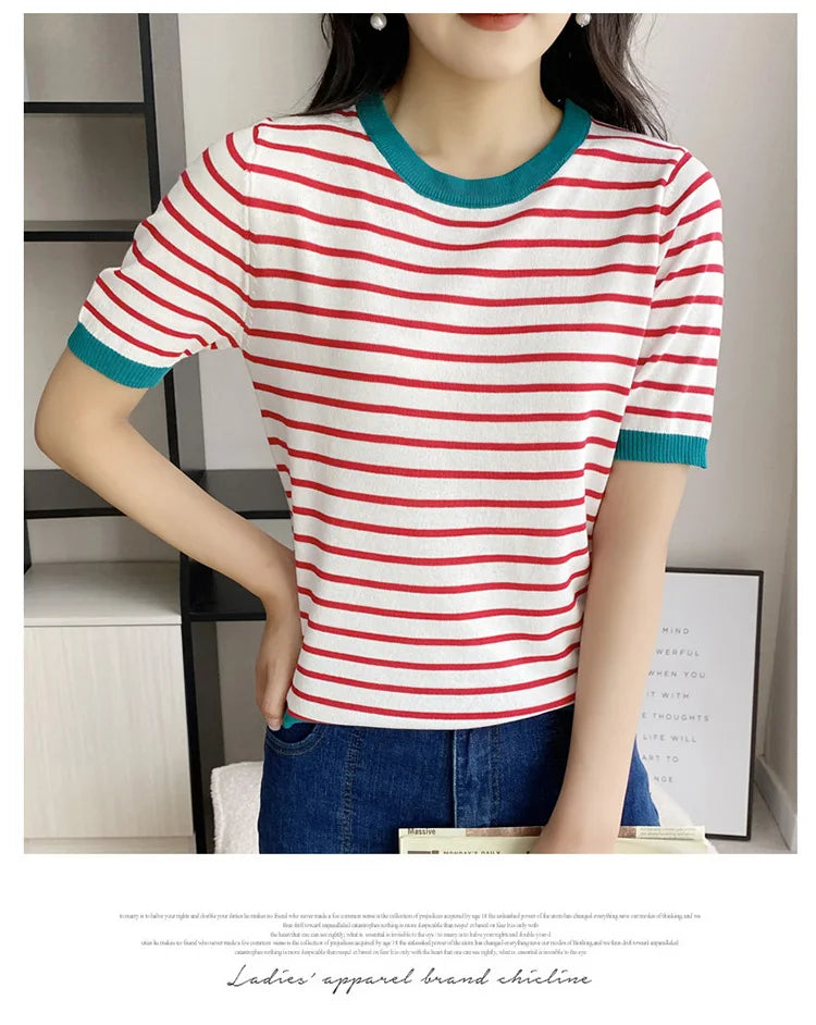 Short Sleeve T-shirts Women Striped Basic Chic Simple All-match Harajuku Retro Cotton O-neck Trendy Loose Leisure Cozy Womens - reetell