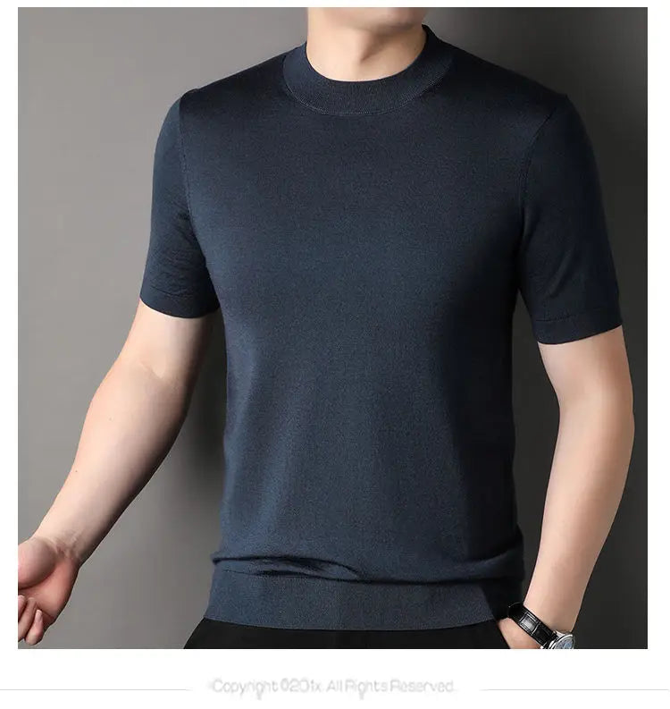 Worsted Mercerized Men Summer Short Sleeves T-shirt Versatile Fashion Male Clothing Half Turtleneck Casual Basic Knitted Tops - reetell