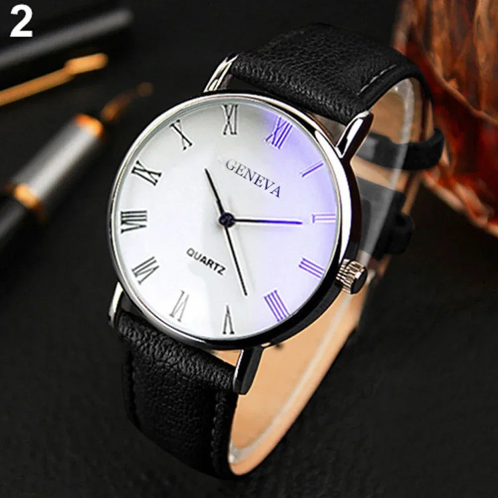 Classic Vintage Geneva Watch for Men, Analog Business Quartz Wristwatch, Roman Numerals, Blu-Ray, Faux Leather Band