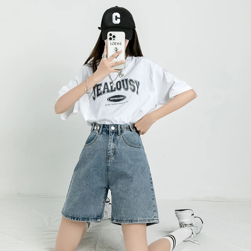 ZOENOVA Belted Shorts Jeans Women Baggy Y2K Fashion Straight Vintage Streetwear Denim 2024 Summer Loose Femme Denim Short Pants - reetell