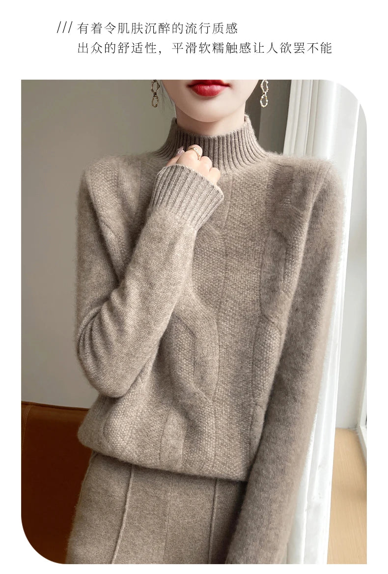 100% Merino Wool Half Turtleneck Pullover Women's Autumn and Winter Thick Twist Flower Sweater Korean Fashion Women's Wear - reetell