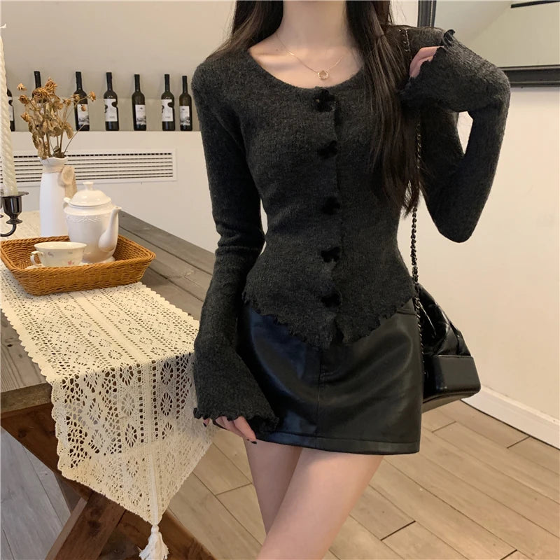 Women's Ruched Long Sleeve Cropped Cardigan V Neck Button Down Knit Lady Autumn Winter Knitted Single-breasted Cardigan Sweaters - reetell