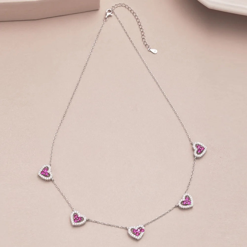 True S925 Silver Heart Necklace Women Rainbow Heart Charm Pendant Necklace Female Luxury Jewelry Sparkling 5A Zircon Girl Gift