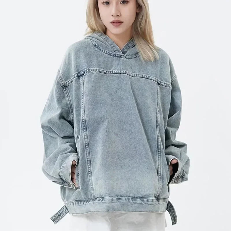 Spring Autumn Women Denim Hoodies Harajuku Streetwear Ladies Jean Pullover Tops Vintage Couple Long Sleeve Hooded Sweatshirts - reetell