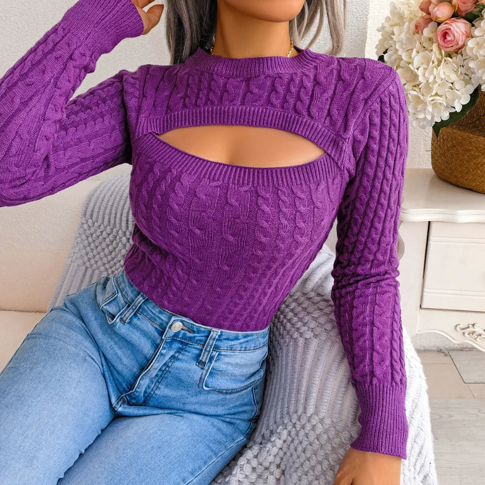 2024 Autumn winter Europe and the United States fashion hollow twist long-sleeved sweater Amazon burst women's clothing - reetell