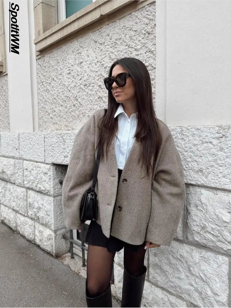 Women Vintage Blends Fit Blazer Coat Fashion Loose Double Breasted Long Sleeve Pockets Female Jackets Chic Lady Commuter Coats - reetell