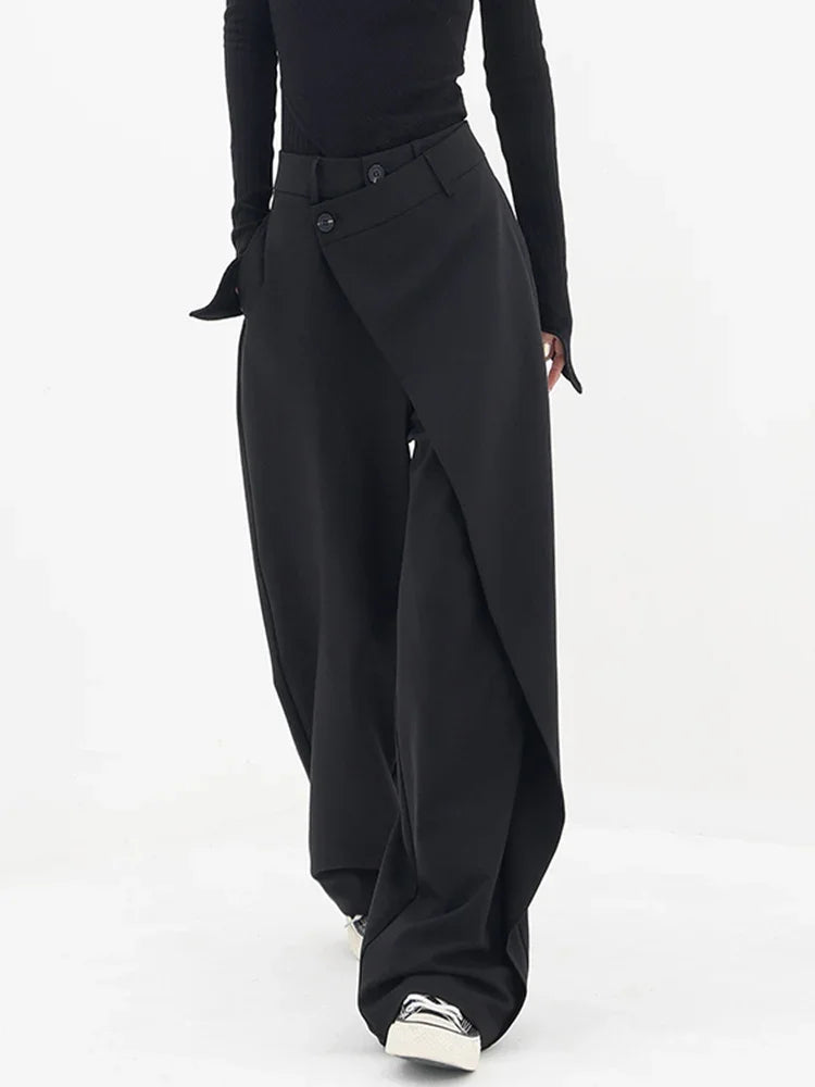 Women Pants High Waisted Wide Leg Pants Irregular Patchwork Casual 2024 Fashion Black Full Length Solid Spring Straight Trousers - reetell