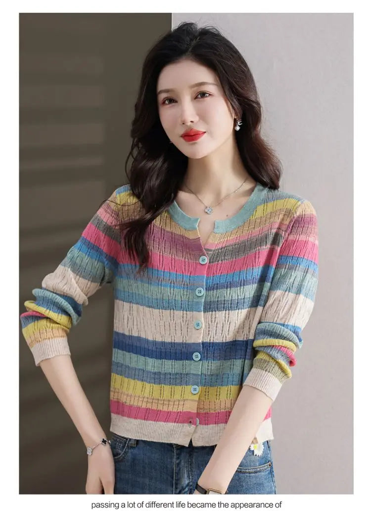 Fashion Women Clothing Colorful Striped Cardigan Sweater Spring Autumn New Korean Versatile Casual Long Sleeve Knitted Coats - reetell