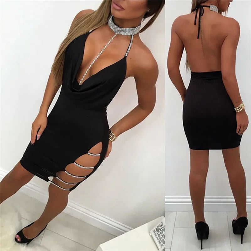 Sexy Deep V Neck Low-cut Side Split Silver Collar Bodycon Dress Women Elegant Backless Sleeveless Mini Dress Club Party Vestidos - reetell