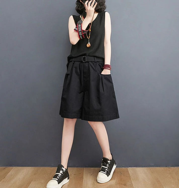 Women's Shorts Half Baggy Mid Length Wide Black Female Short Pants Loose Bermuda Knee Low Price Classic Harajuku Fashion New In - reetell