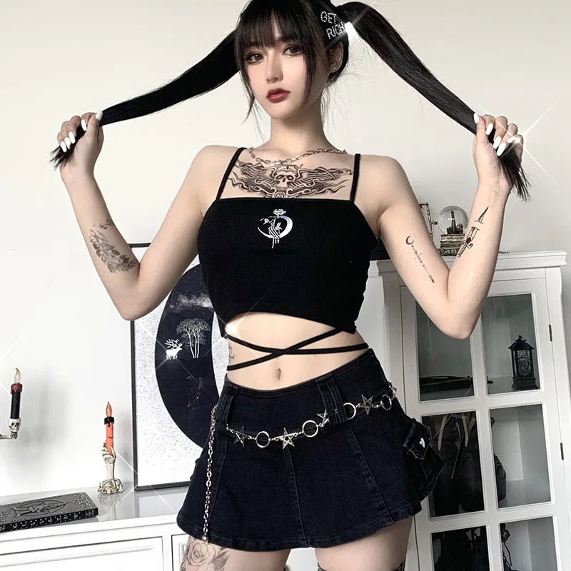 Gothic Women's Print Suspender Sleeveless Square Neck Slim Crop Top Sexy Halter Bottoming Shirt  Girls Party Wear - reetell