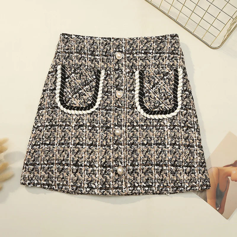 Fall Winter Plaid Tweed Skirt Womens Thick Woolen Pearl Button Front Pocket Glitter Mini Skirt Saia Feminina - reetell