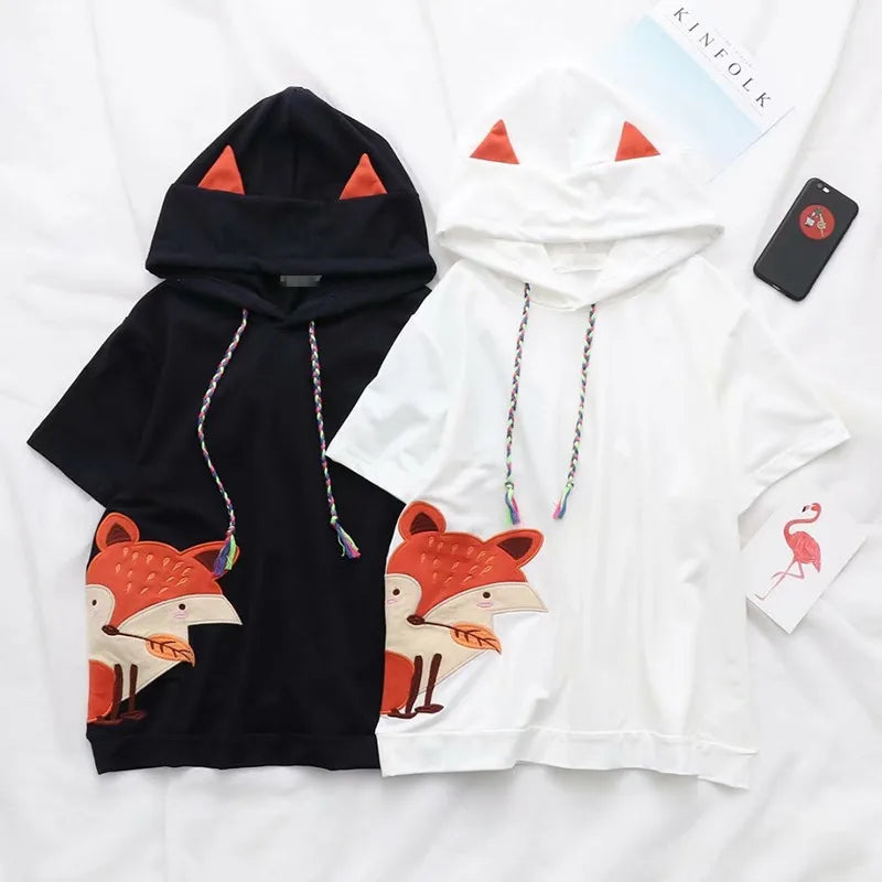 Hot Autumn Cute Fox Printing Hooded Sweatshirt Women Clothing Pullovers Plus Velvet Patchwork Female Sweet Thick Warm Hoodies - reetell