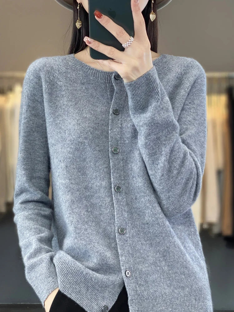 Fashion Women 100% Merino Wool Cardigans Cashmere Sweater Autumn Winter O-neck Long Sleeve Knitwear Female Basic Clothing Tops - reetell