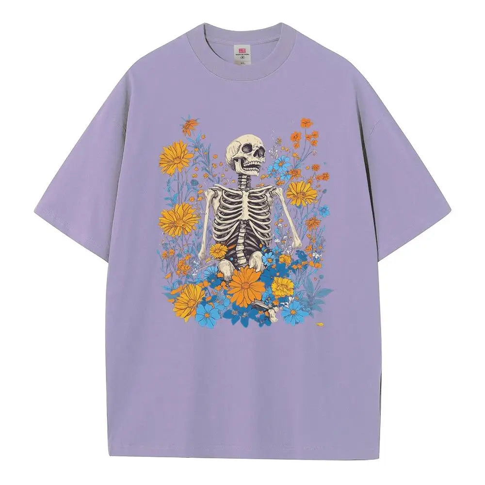 T shirt baggy style pure cotton drop shoulder unisex tops Garden Centre skeleton vintage graphic t shirts breathable print