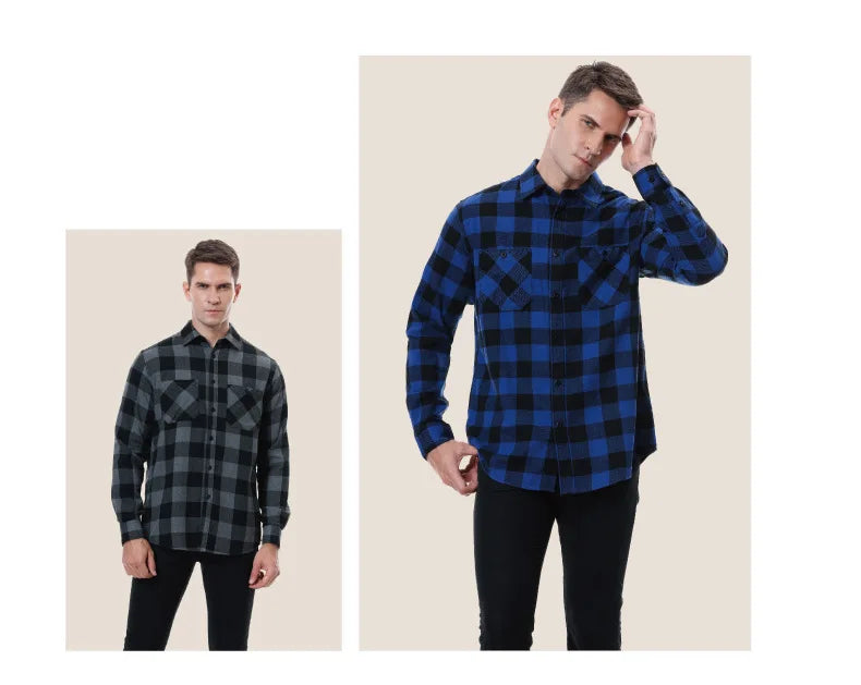 2023New Men Casual Plaid Flannel Shirt Long-Sleeved Chest Two Pocket Design Fashion Printed-Button