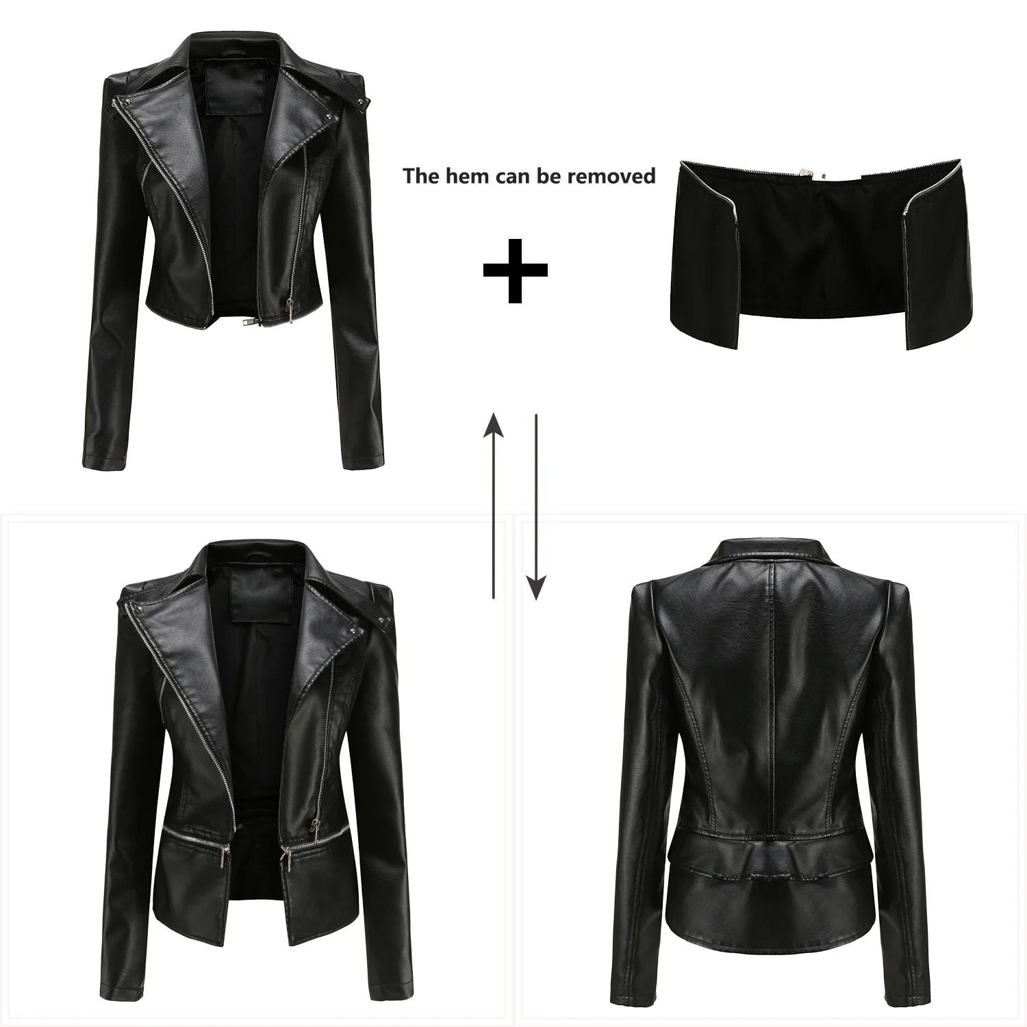 2024 Spring Autumn Women's Leather Jacket Female Detachable Hem Lapel Zipper Casual Coats Women's Locomotive Windbreaker