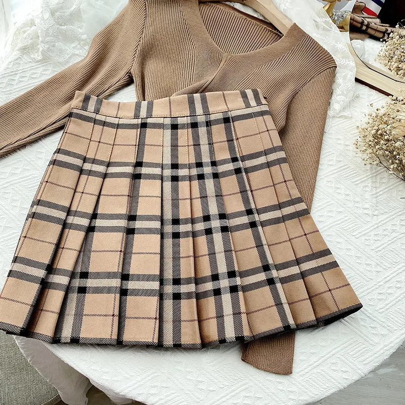 Contrast Color Plaid Striped Skirt Korean Version of Pleated Skirt Autumn High Waist A Line Plaid Mini Skirt Student Style Sweet - reetell