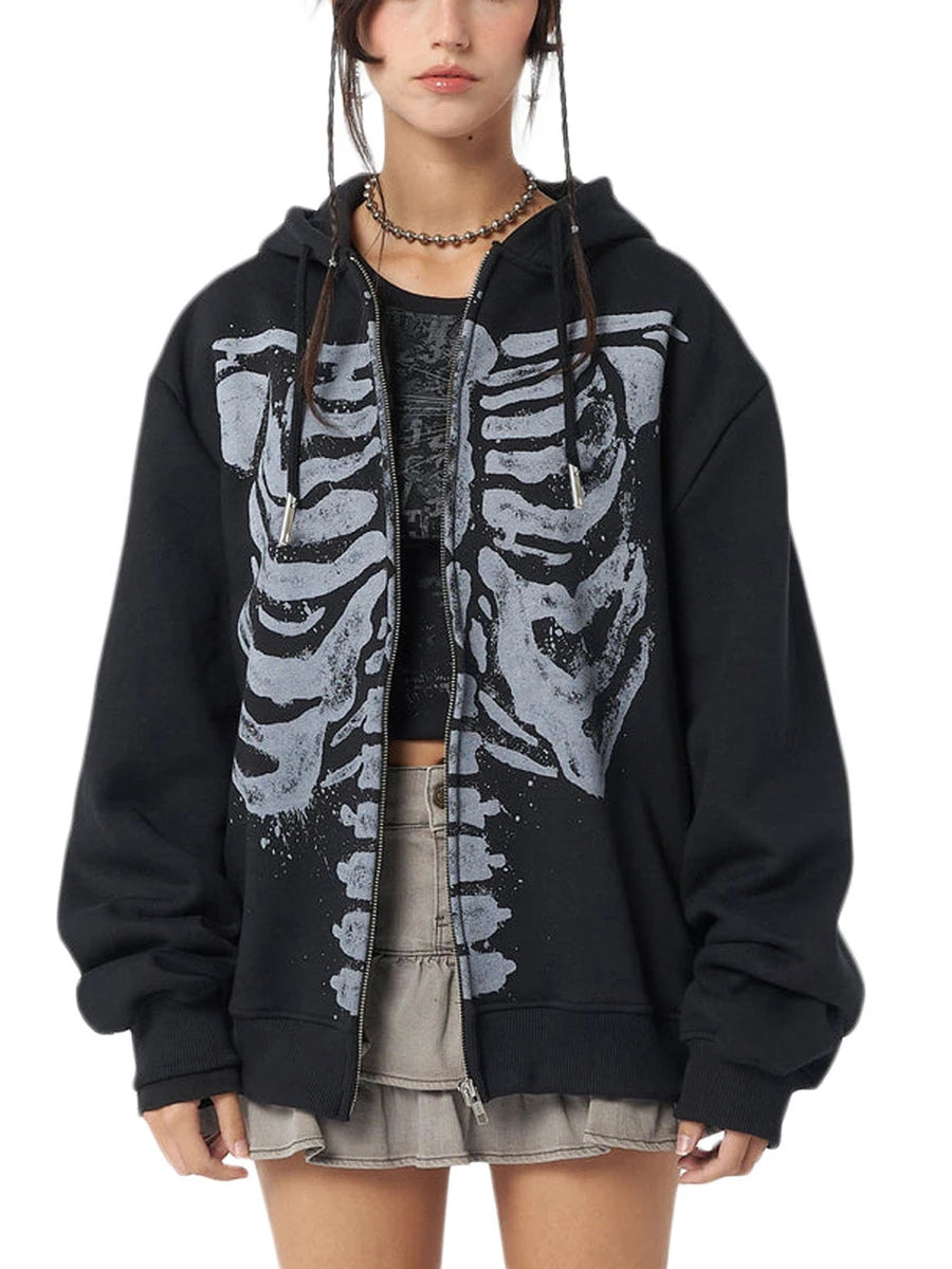 Halloween Women Spring Autumn Casual Hooded Coat Long Sleeve Skull Print Zipper Hoodie Grunge Long Sleeve Top Gothic Sweatshirt - reetell