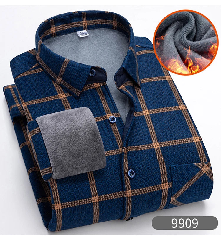 Autumn Winter Thicken Fleece Shirt Men Business Plaid Shirt Long Sleeve Warm Clothes Turn Down Collar Button Up Shirts Classic - reetell