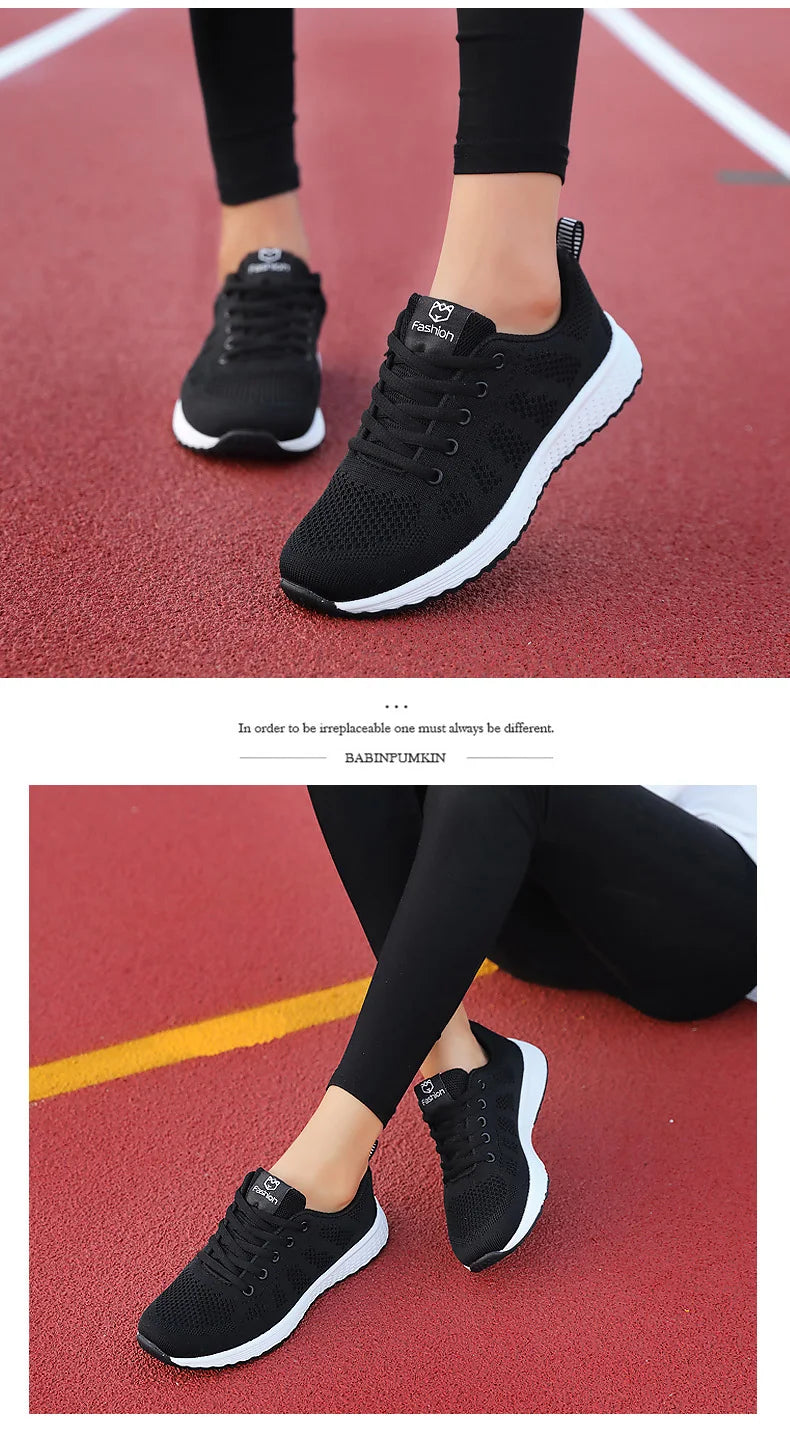 Women Casual Shoes Breathable Walking Mesh Lace Up Flat Shoes Sneakers Women Tenis Feminino Pink Black White - reetell