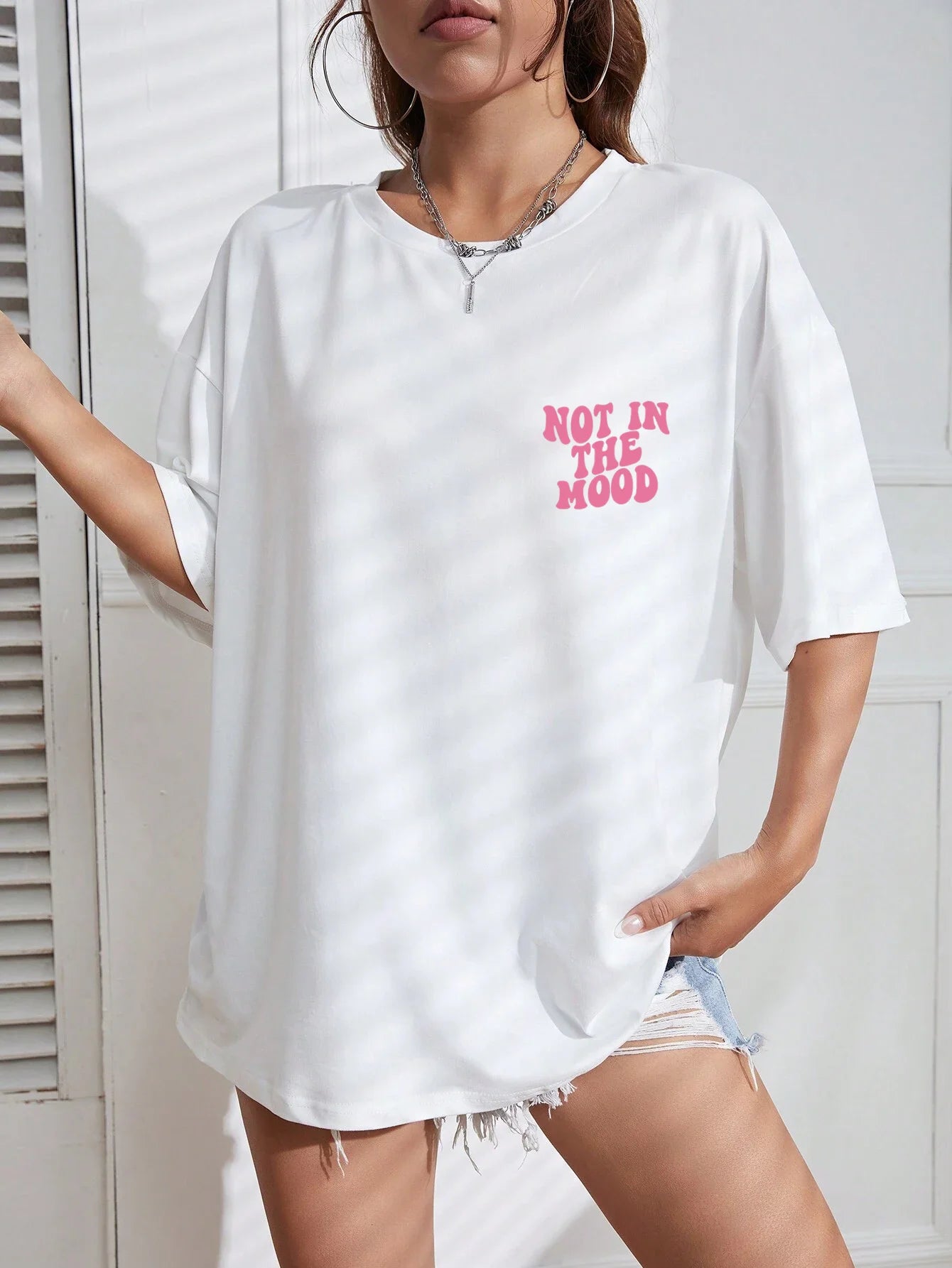 Not In The Mood Pink Letter Print T-Shirts Women Summer Cotton Clothing O-Neck Oversized Short Sleeve Breathable Casual Tshirt - reetell