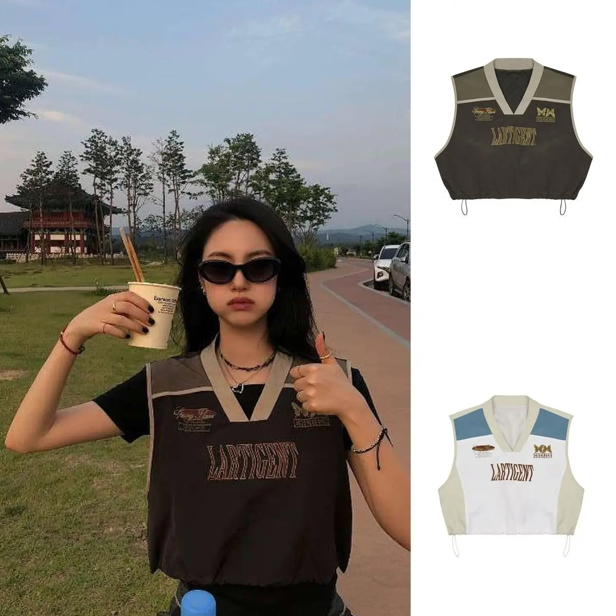 Korean version of new quick drying V-neck color blocking letter print drawstring sports loose vest for men and women ins - reetell