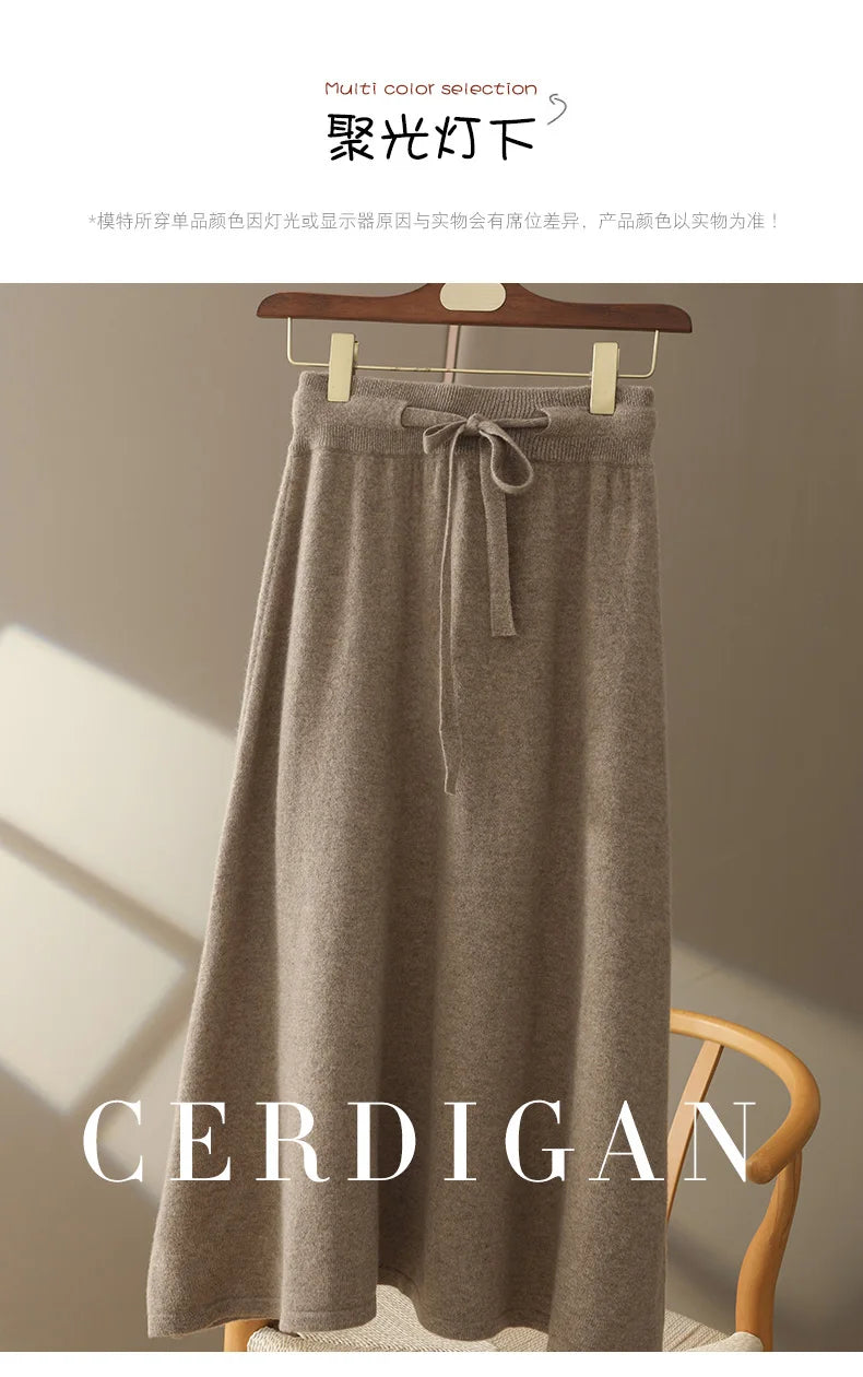 Autumn And Winter100% Pure Wool Skirt Women's Long Pocket Small A Skirt High Waist Slim Cashmere Knit A-Line Skirt - reetell